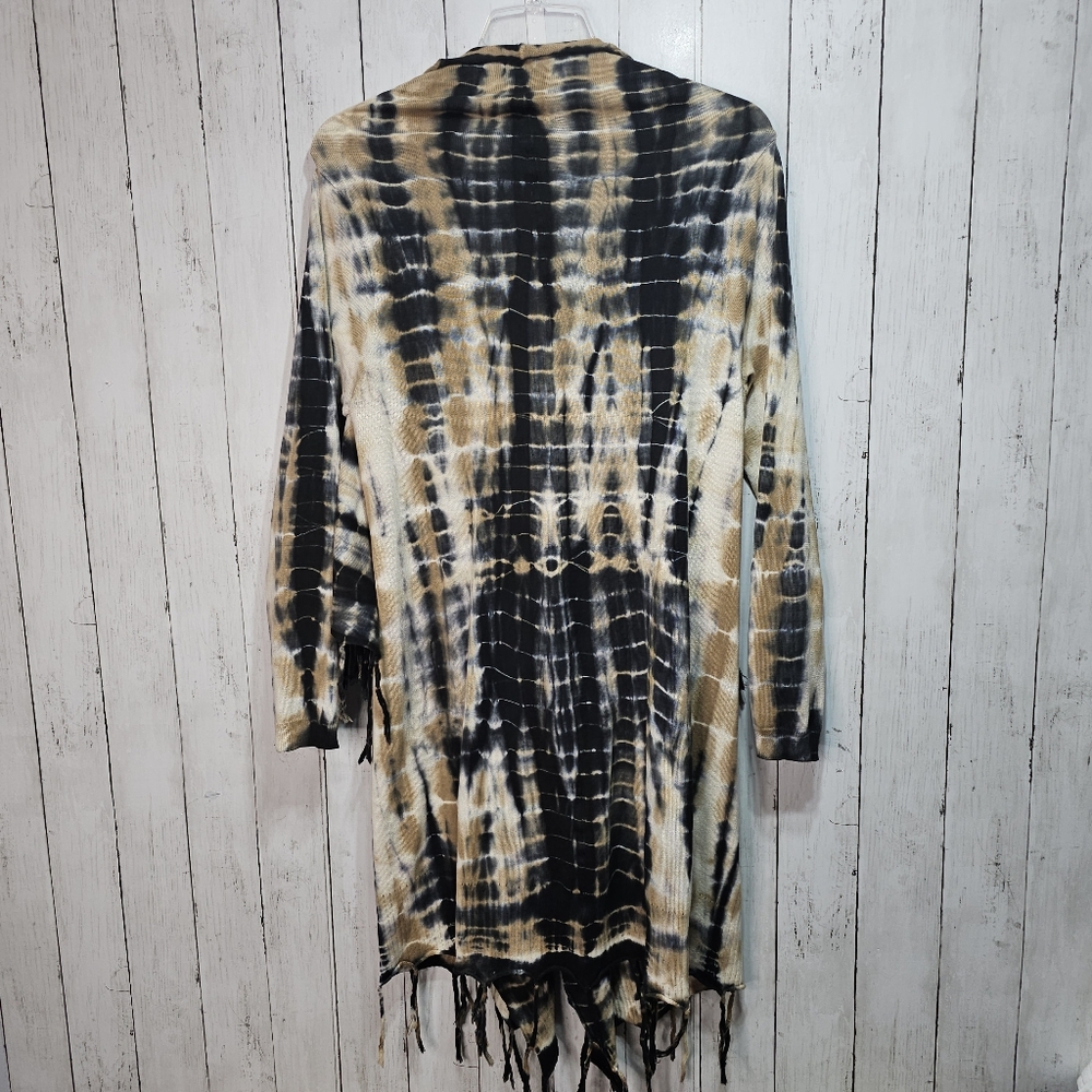 Soft Surrounding Women's Tan Black Tie Dye Fringe Drape Cardigan Size Medium. - Picture 9 of 10